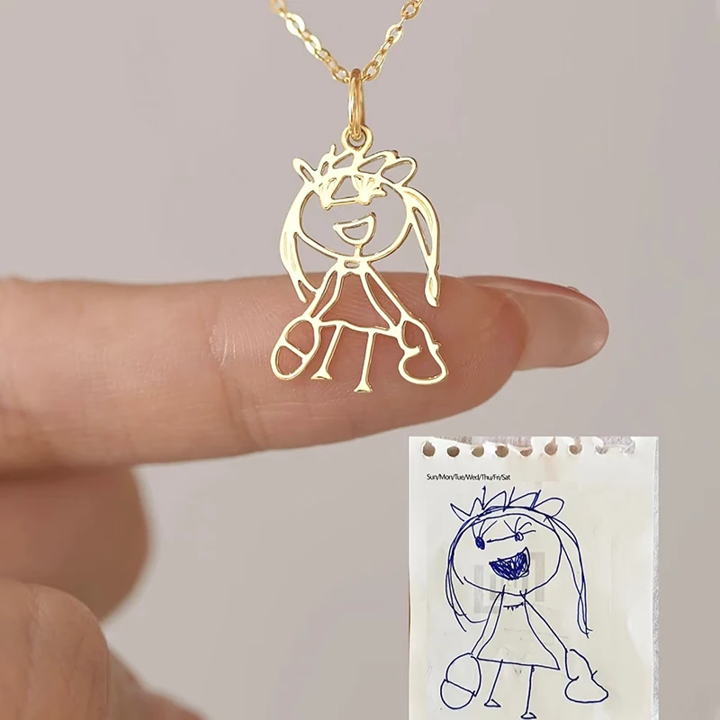 Personalized Custom Kids Drawing Necklace Bracelet Earrings Keychain Stainless Steel Children Artwork Jewelry Set Family Gifts