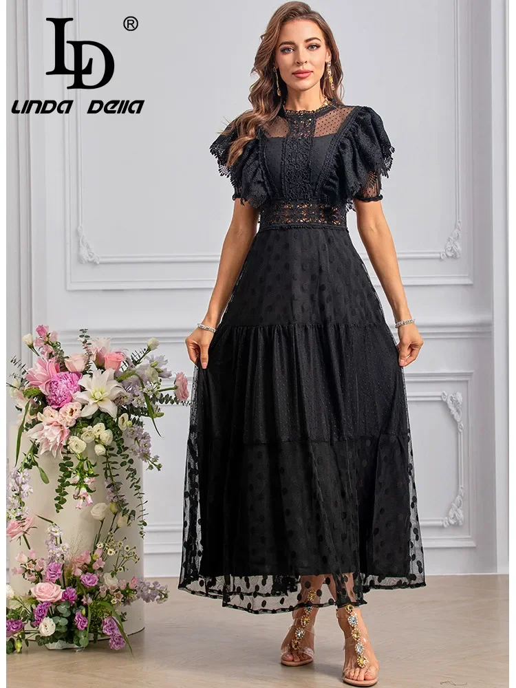 LD LINDA DELLA Fashion Designer Summer Dresses Women\'s Vintage Polka Dot Print Embroidery Lace Hollow Out Net Yarn Dresses