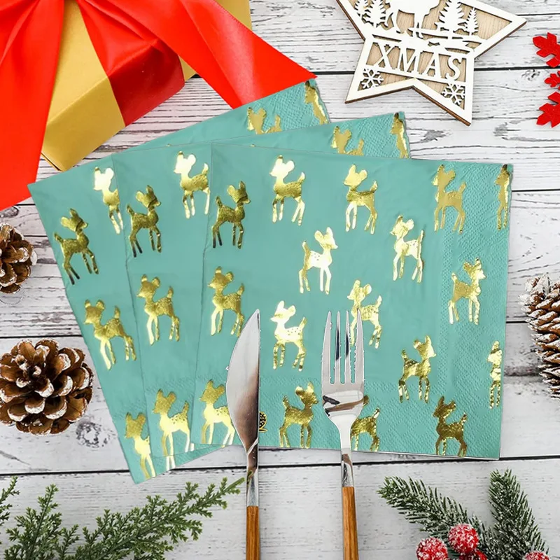 Grüne Heißpräge-Servietten, Weihnachts-Servietten mit Rentiermuster, Geburtstagsparty-Zubehör, Geschirr-Pads, Einweg-Papierserviette