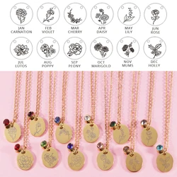 Crystal Birthstone Necklace for Women Birth Month Flower Pendant Necklace Gold Color Stainless Steel Accesorios Jewelry KBN086