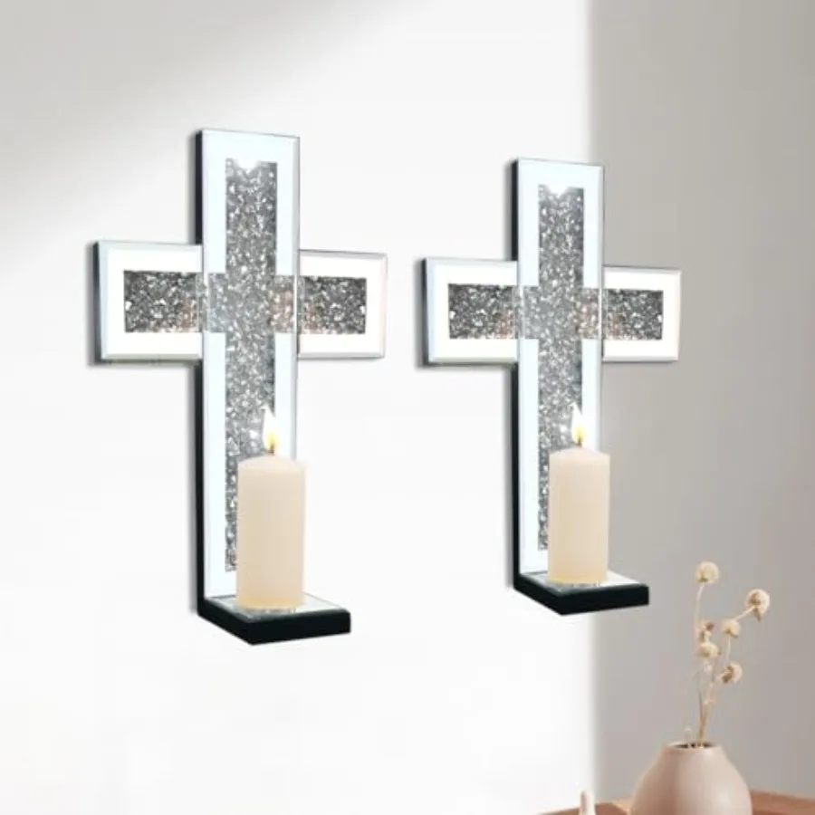 

Crystal Crush Diamond Mirrored Candle Sconces Silver Wall Candle Holder Set of 2 Wall Decoration for Living Room Dining Room