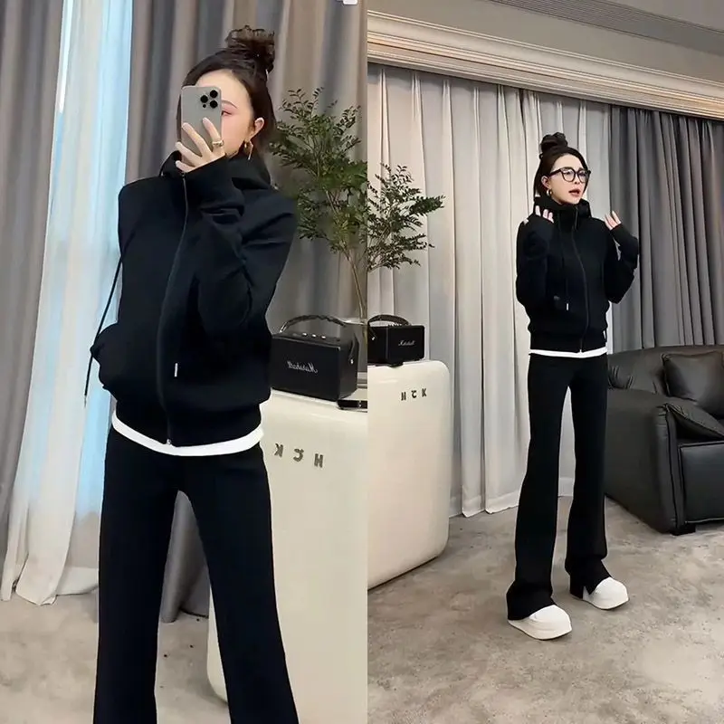 European goods 2024 Spring and Autumn new casual sportswear women's set hooded jacket straight leg wide leg pants two-piece set