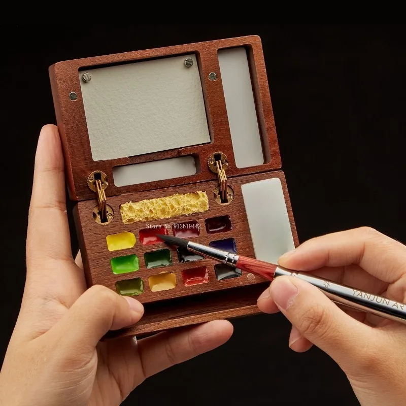 

Watercolor Palette Portable Travel Painting Box Solid Wood Student Art Palette Outdoor Sketching Professional Storage Box