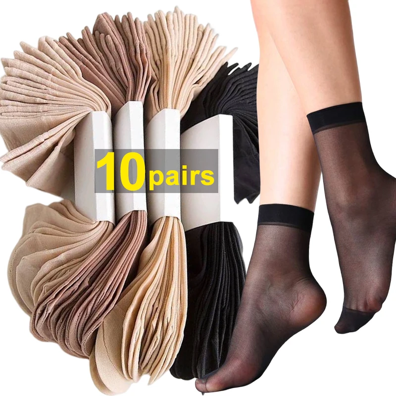 Calcetines finos transparentes de seda de cristal para mujer, medias cortas de nailon a la moda, tobilleras de verano, 10 pares