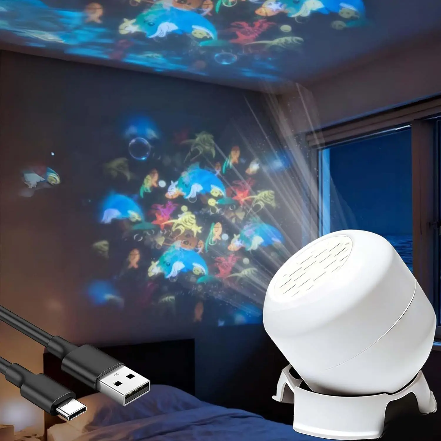 

LED Projection Lamp Night Light Ocean Starry Sky Christmas Gitfs Patterns Dynamic Projector USB Plug in Adjustable Ambient Light