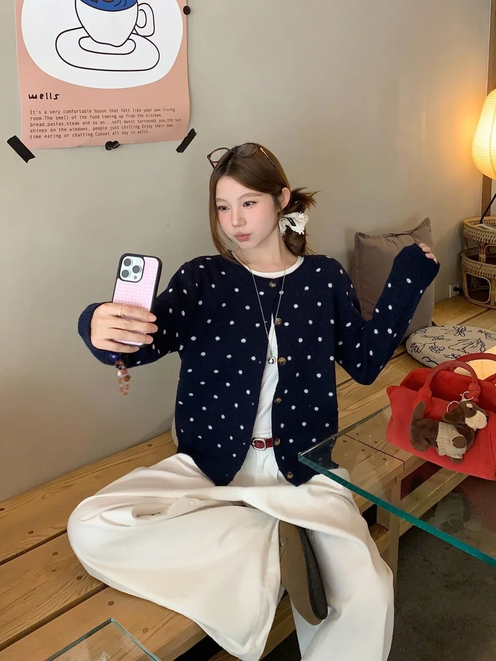 الحلو الكورية Sle فضفاض سترة مشغولة من الصوف المرأة البولكا نقطة جولة Ne مفتوحة الجبهة سترة ort ملابس خارجية الخريف Faion