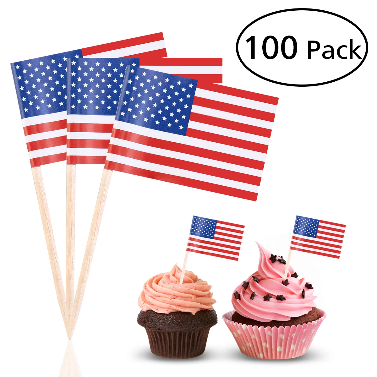 

100PCS American Flag Food Picks Patriotic Theme Toothpick Mini Banner Wood Stick Flag Picks for 4th of July Decor Bar Tools