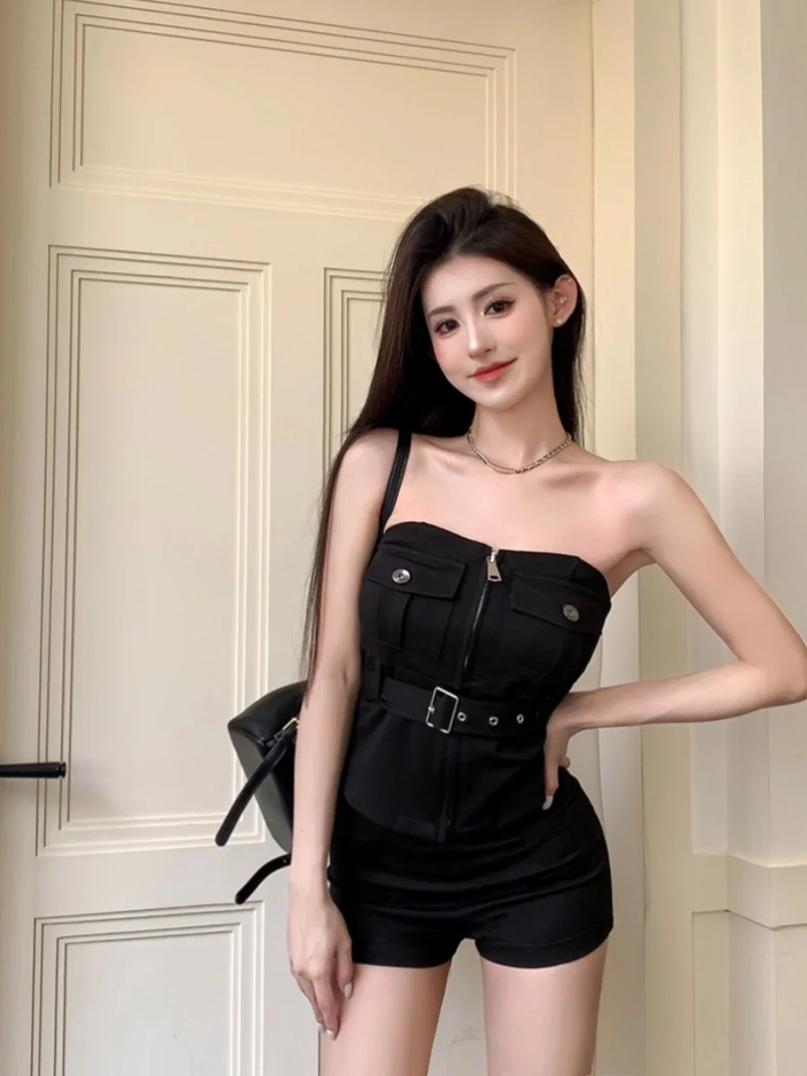 Spicy Girl Pure Desire Summer 2025 New American Zipper Tube Top High Waist orts Two-Piece Set Women's Faion Ensemble