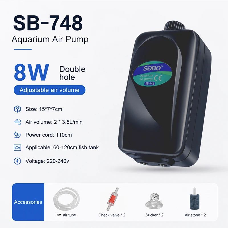 SOBO Leise Aquarium-Sauerstoffpumpe, Fischbecken-Luftpumpe mit Einstellbarer Luftmenge, Hochleistungs-Sauerstoffgenerator, Luftkompressor, Belüfter 220V – Detail 10