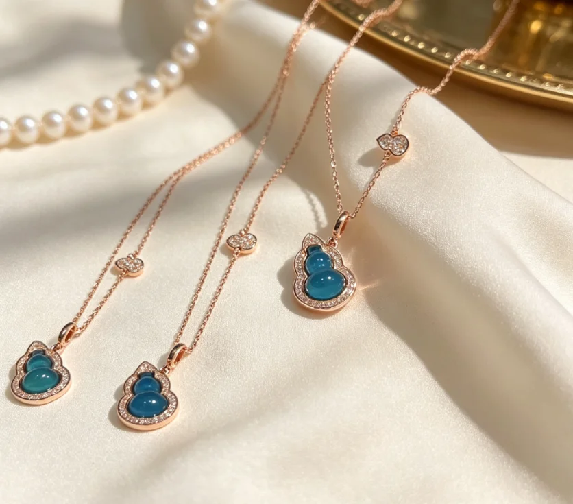 Certificate 925 Silver Natural Mexican Blue Amber Gourd Pendant 18K Rose Gold Necklace Lucky Fine Jewelry For Women Child Gift