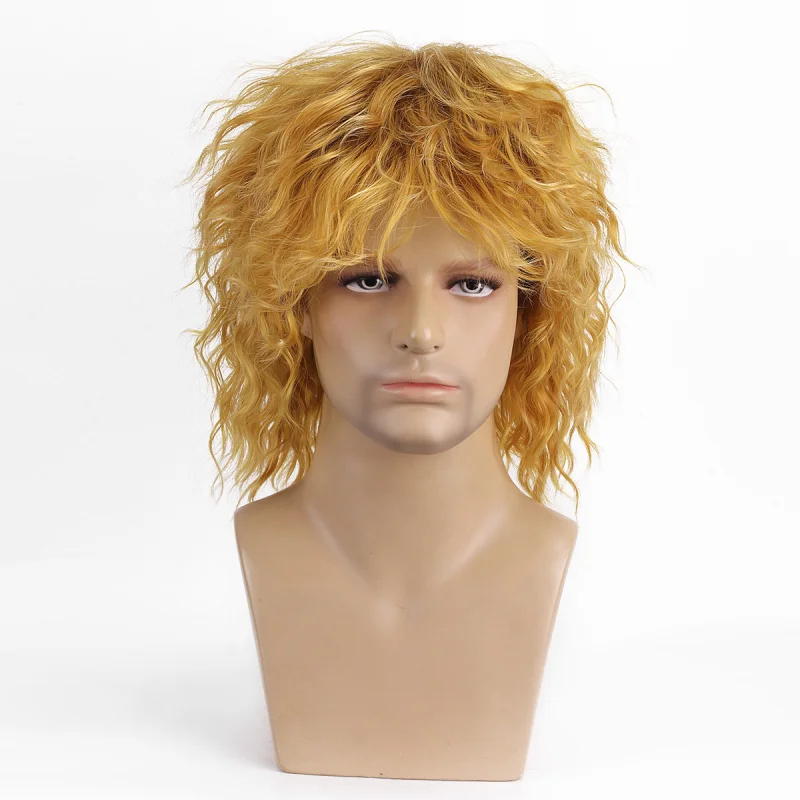 Short blonde curly mullet style, golden-brown with dark roots, 70s 80s rock wig