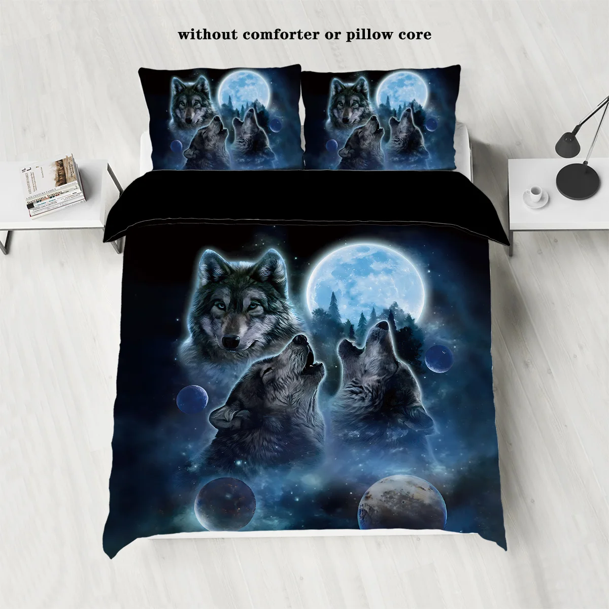 Set biancheria da letto con stampa serie Wolf and Moon Theme, comodo, caldo, per camera da letto, hotel, soggiorno in famiglia (1 * copripiumino + 2