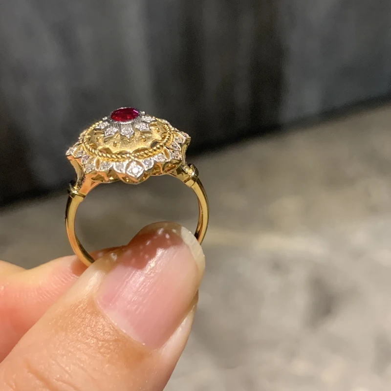 Aazuo Fine Jewely Vintage Style 18K Yellow Gold  Natrual Ruby Real Diamonds Flower Rings For Girls & Women Senior Banquet Party view 3