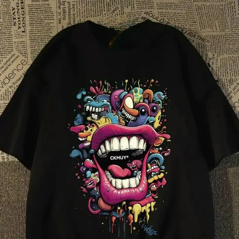 

New Trendy Internet Celebrities with Explosive Fire Painted Printed T-shirt Round Neck Men's and Women's Loose Short Sleeves