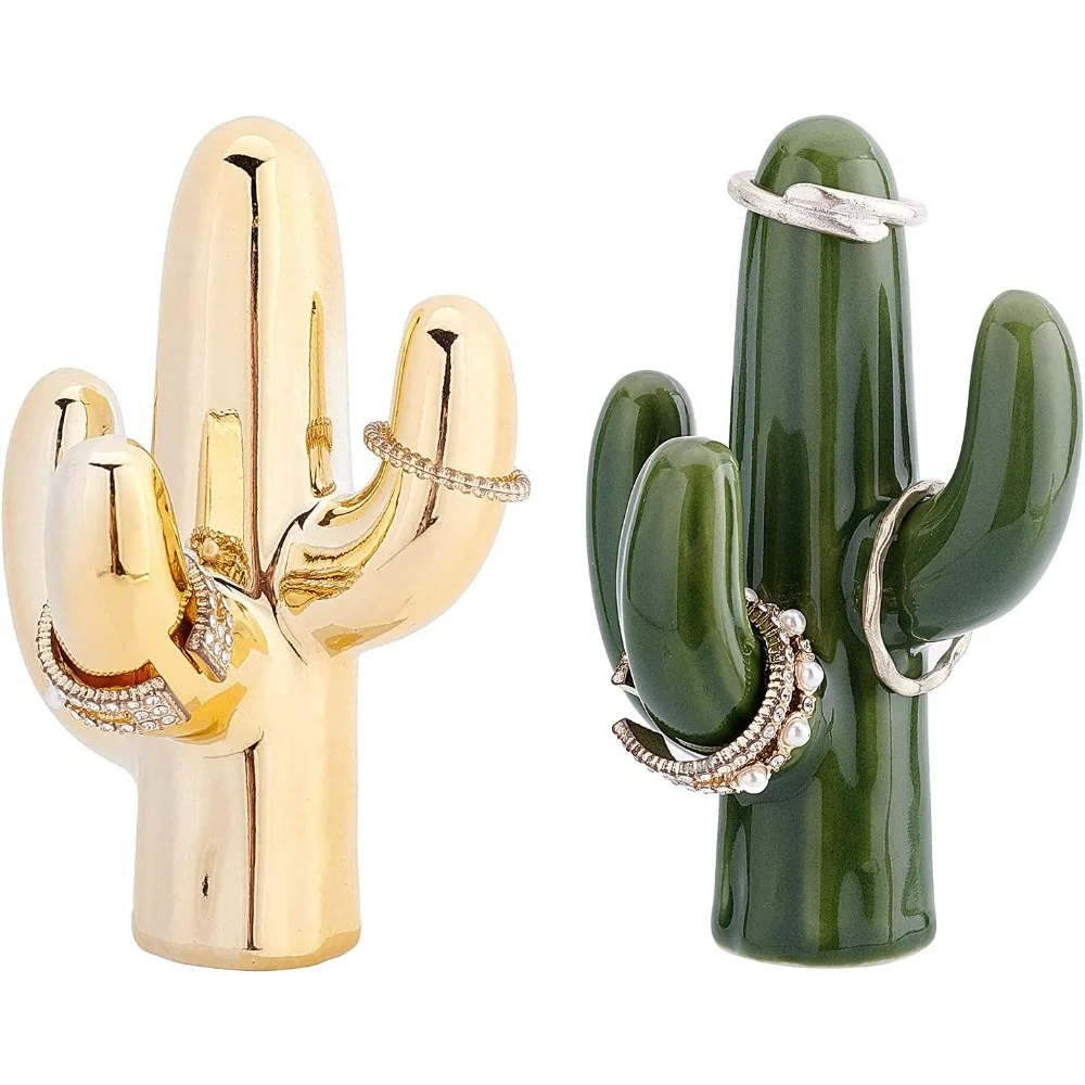 2Pcs Olive & Gold Cactus Ring Holder Small Ceramic Cactus Ring Holder Porcelain Cactus Ring Display Decorations for Birthday