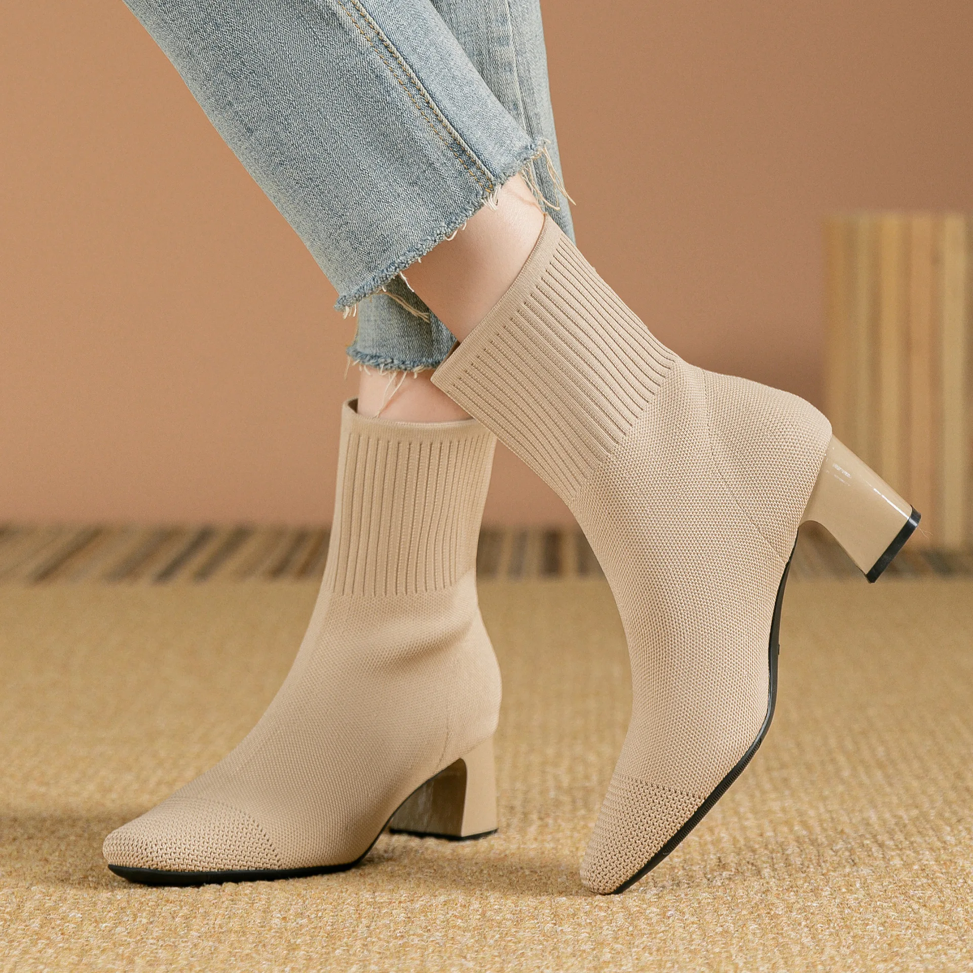 

Gorasion Women Autumn Winter New Elastic Thick Heeled Slim Boots Knitted Sock Boots Black Square Toed High Heels Ankle Boots