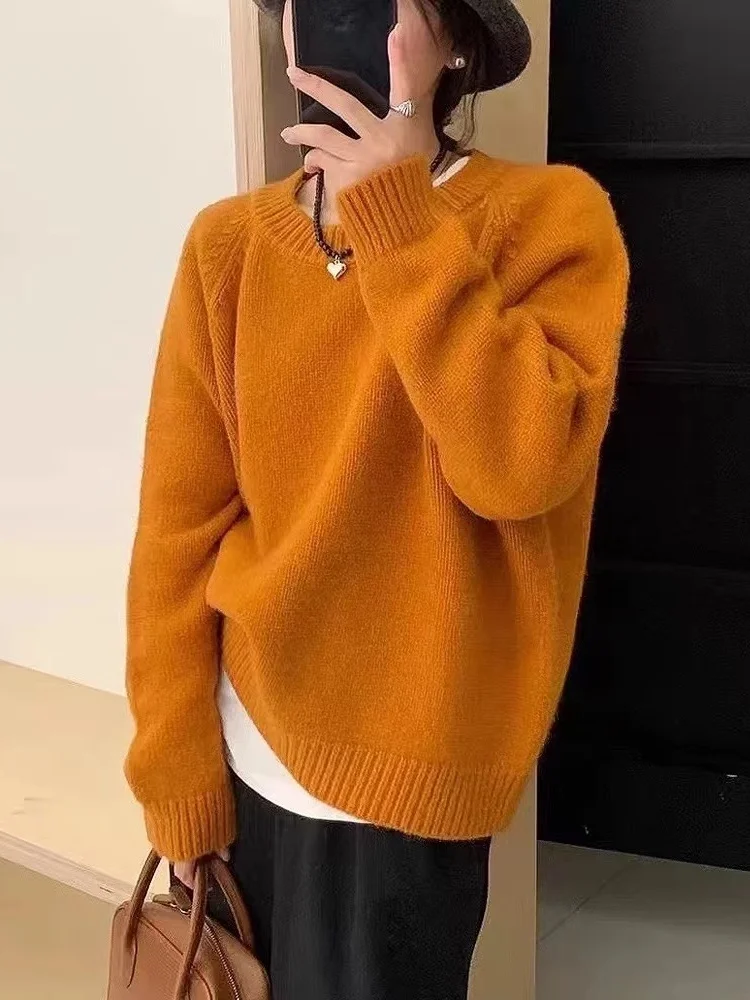 

2025 New Korean Sle round Ne Knitted Sweater Women's Autumn Winter Thiened Loose Soft Comfortable Long Sve Top