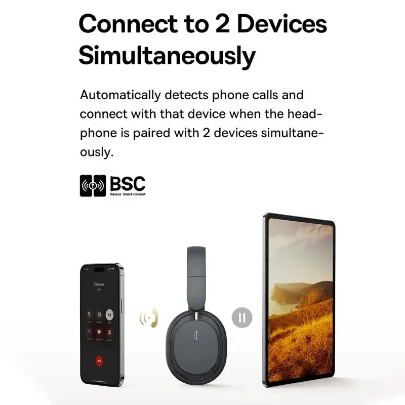 Baseus 무선 헤드폰 Bluetooth 5.3 HIFI 레벨 이어폰 40mm 드라이버 접이식 오버 이어 헤드셋 70H 재생 시간 공간 오디오