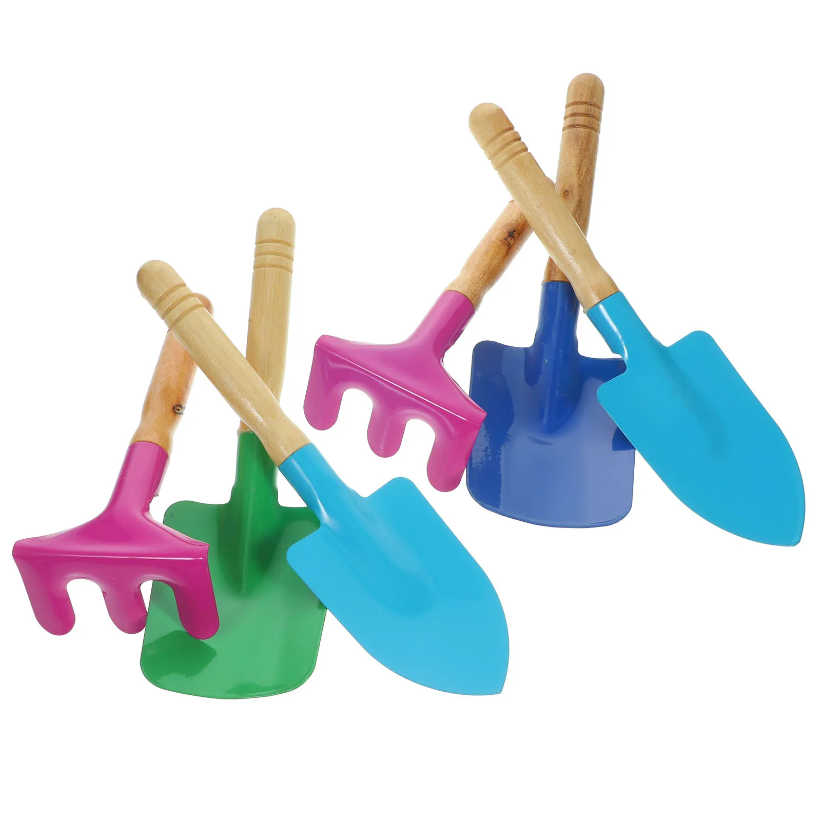 6個入り子供用ガーデンツールセット、丈夫な鉄製シャベル、こて、熊手、木製ハンドル、カラフルで環境に優しい屋外遊び用庭ツール