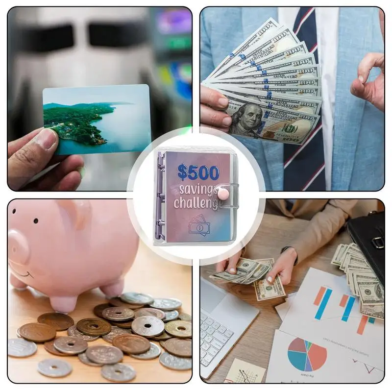 Loose-Leaf Notebook Planner, Mini Binder, Saving Challenge, Enveloppe Orçamento, Carteira, Organizador de dinheiro, 500 Dólares