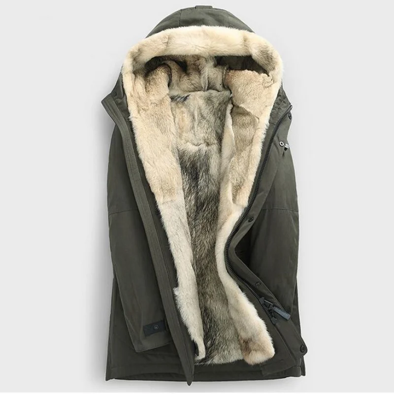 

Winter Leather Fur Wolf Liner Men Coat Parker Hooded Thick Mens Warmer Jacket Really Hair