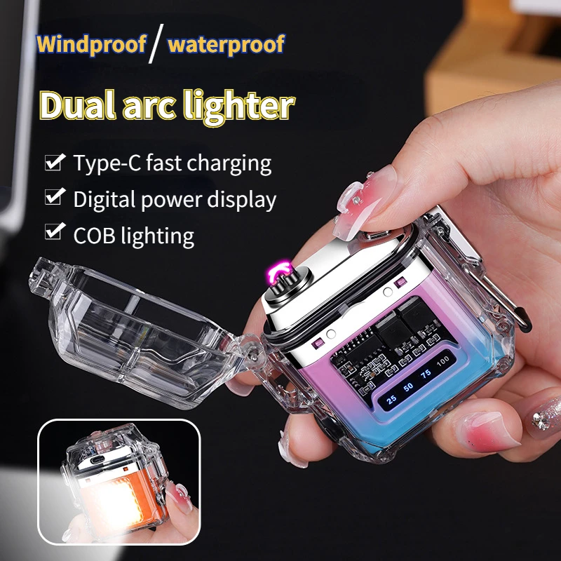 Best-selling Men's Outdoor Waterproof Arc Lighter with Light, Transparent Shell and Battery Display Type-C Rechargeable Lighter