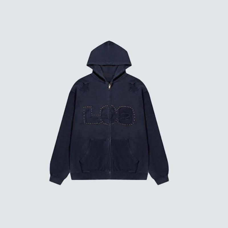 ​​​​American Style Willow Nail Letter Sticker Decoration Hoodie Washed And Worn Loose Hoodie Washed Nail Bead Zipper Jacket