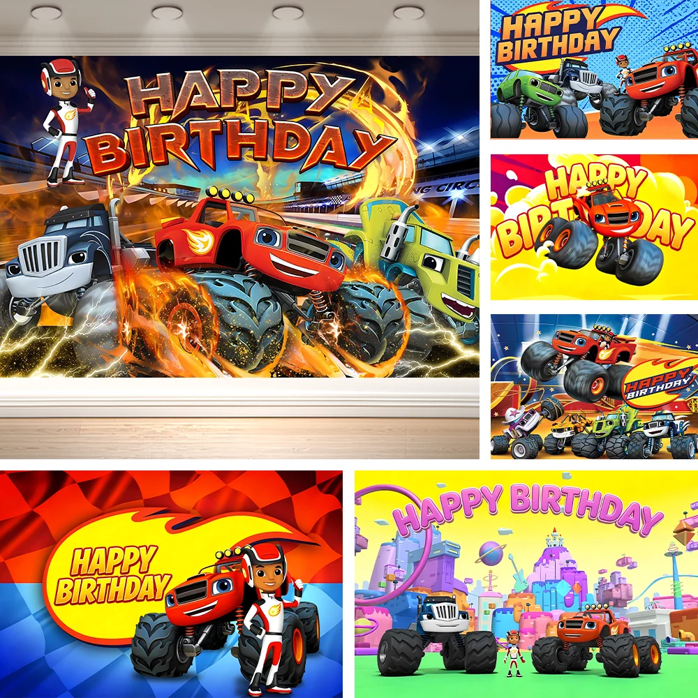 Dewprint Cool Flame Monster Truck Blaze Birthday Backdrop Cartoon Racing Car Boys Themed Birthday Party Photo Background Banner