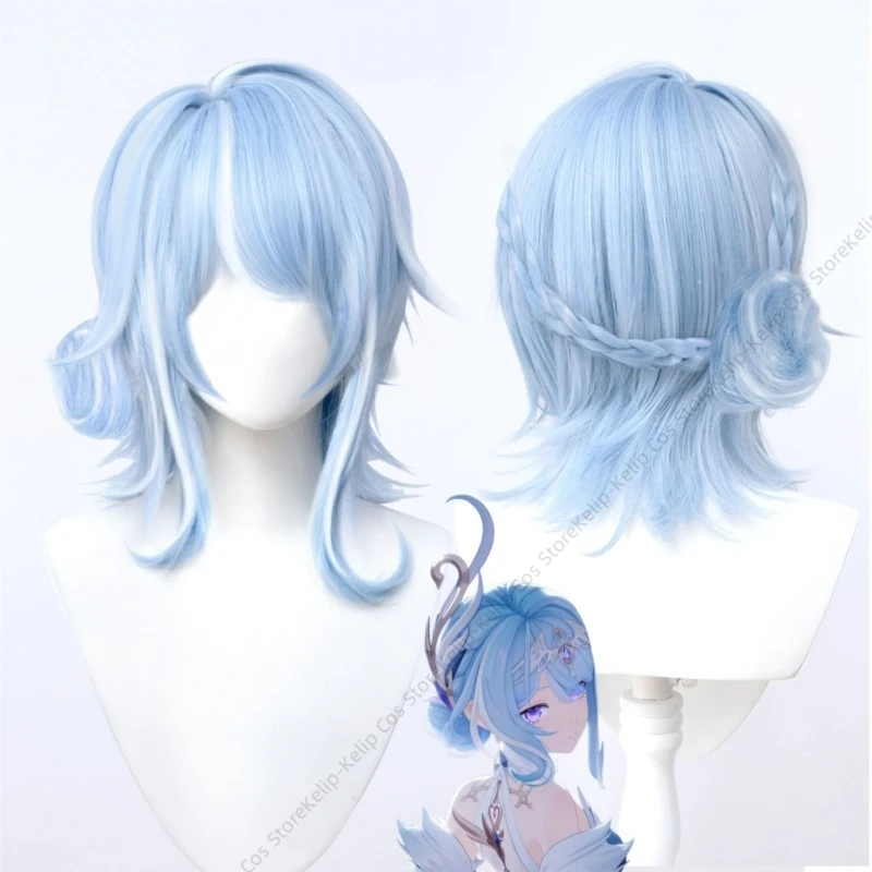 Odette Genshin Impact Cosplay Wig Ice Blue Short Gradient Highlight Hair with Braided Hair Bun Halloween Comic Con Party
