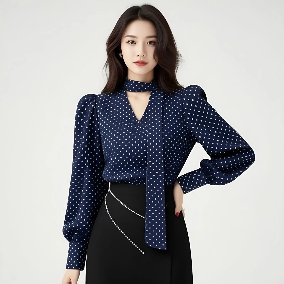 Trendy Blue Polka Dot Shirt Women's Luxury Fashion Spring Vintage Unique Beautiful Sash Long Sleeve Top Commute Style Loose Fit