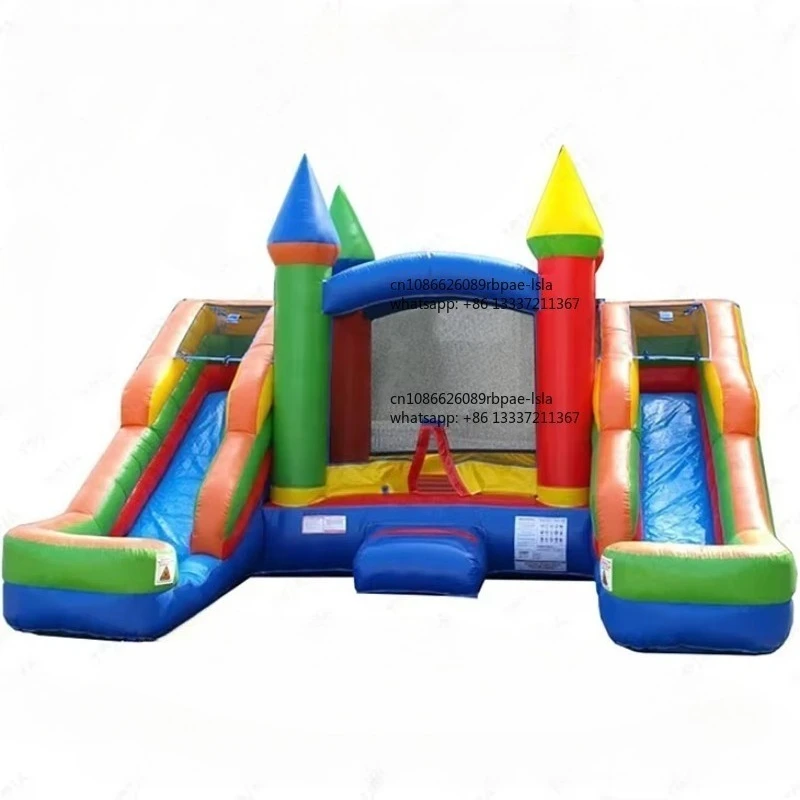 16.5ft L 15ft W 11ft H Crossover Rainbow Castle PVC Inflatable Bounce House With Double Slide For Kids Outdoor Garden Party