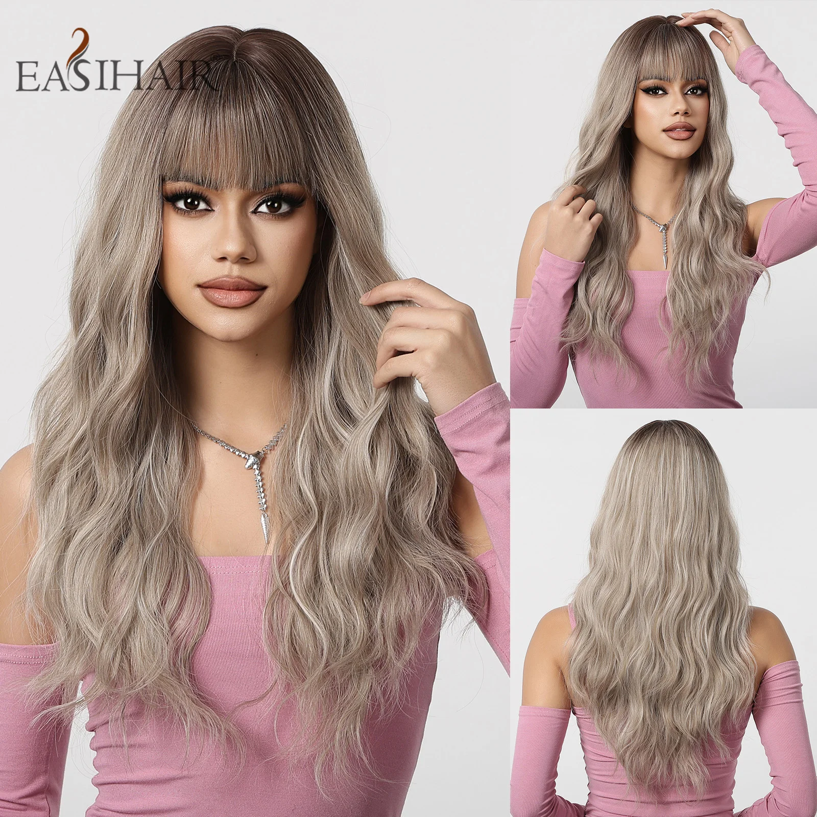 

EASIHAIR Синтетический Ombre Серый Коричневый Волнистый Парик Средней Длины с Челкой Косплей Ежедневные Парики Волос для Женщин Термостойкое Волокно