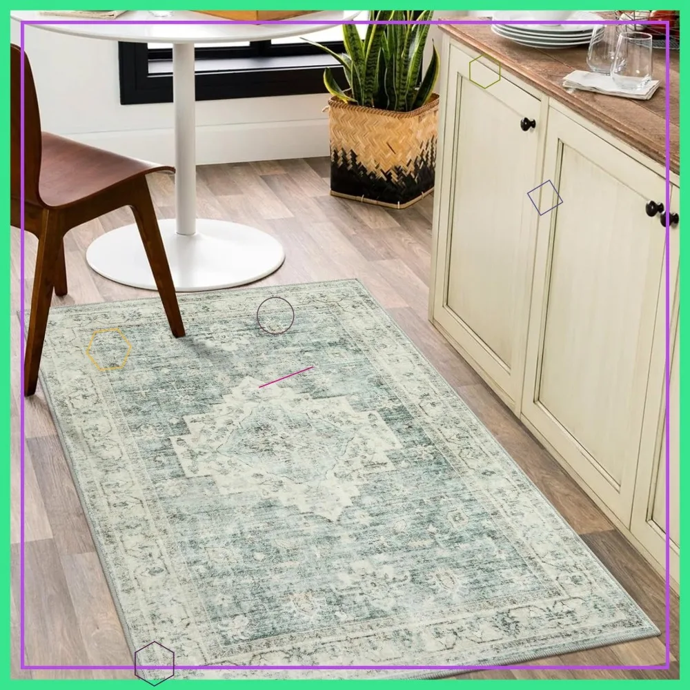 

Washable 3x5 Area Rug Non-Slip Kitchen Bathroom Bedroom Mat Low-Pile Pet-Friendly Sage Green