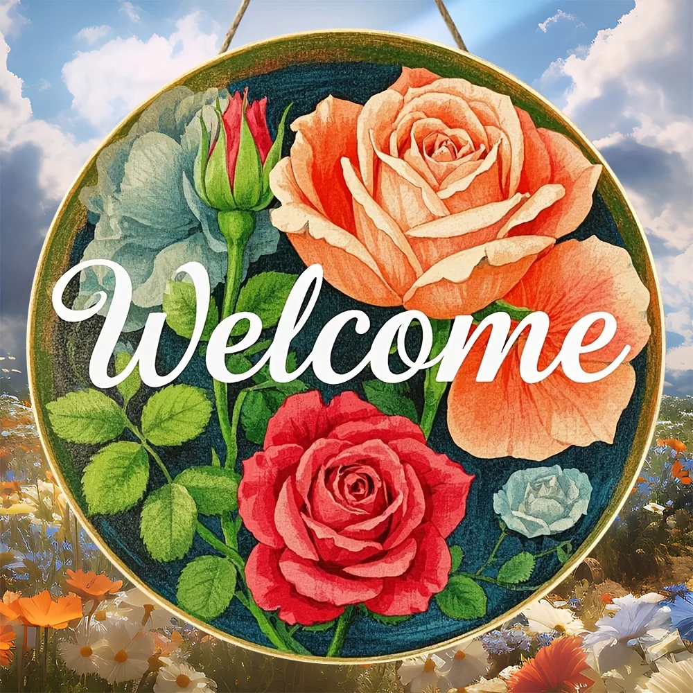 1 x Charming Wooden Welcome Sign Wall Hanging Decoration, 8x 8 Round Floral Wooden Plate with Rose, Farmhouse Home Entrance Deco