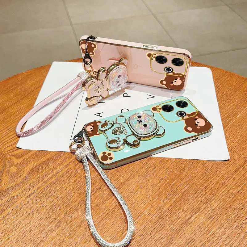 Diamond Wrist Strap Lanyard Cute Bear Phone Holder Case On For Xiaomi Redmi Note 12 12s 13 13R Pro Plus Turbo 4G 5G Stand Cover