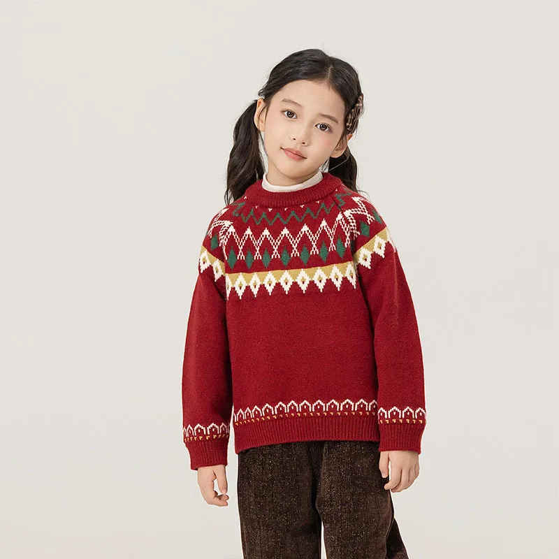 Autumn 2026 Children Girls Sweater UNITIM 2-8Yrs Kids Girls Red Knitwear Loose Toddler Infant Babys Girls Fair Isle Sweater