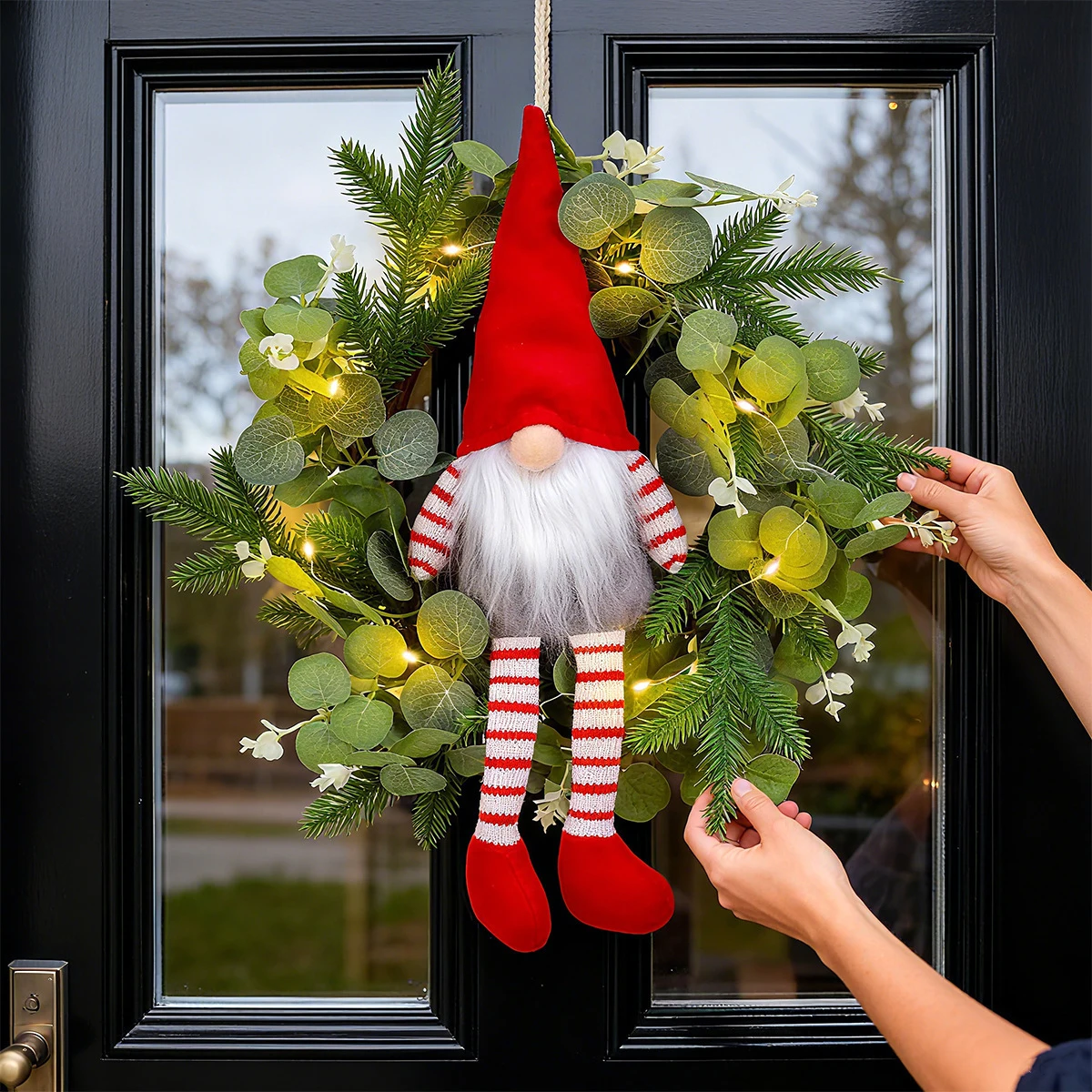 Christmas Porch Wreaths Gnome Wreath Multifunctional Warm Christmas Porch Décor Luminous LED Xmas Long Legged Dwarf