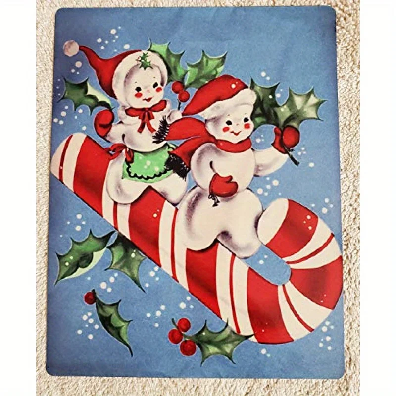 Vintage Snowman & Candy Cane Metal Wall Art - Rustic Christmas Decor with Santa Hat, Green Dress, and Red Lollipops,