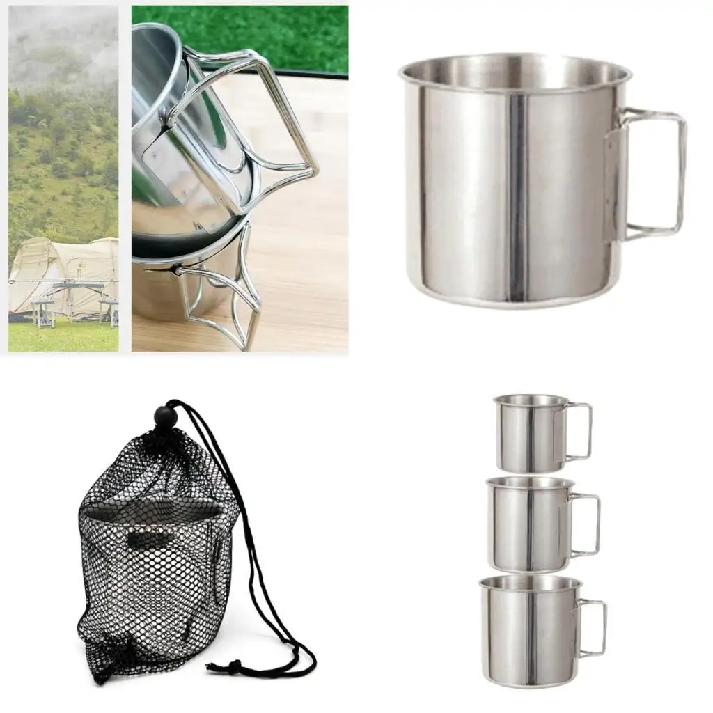 

E8BD Stainless Steel Camping Cup Pot 220/330/500ml Water Cup-Mug with Foldable Handle