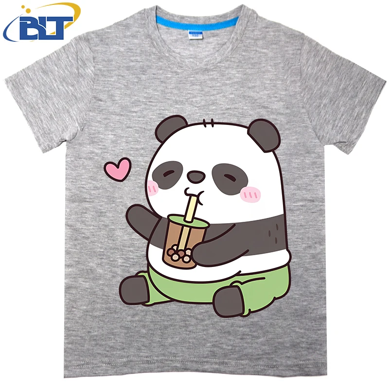 Panda gordinho infantil impresso algodão camiseta de manga curta, bonito ama chá de bolha, tops casuais, adequados para meninos e meninas, verão