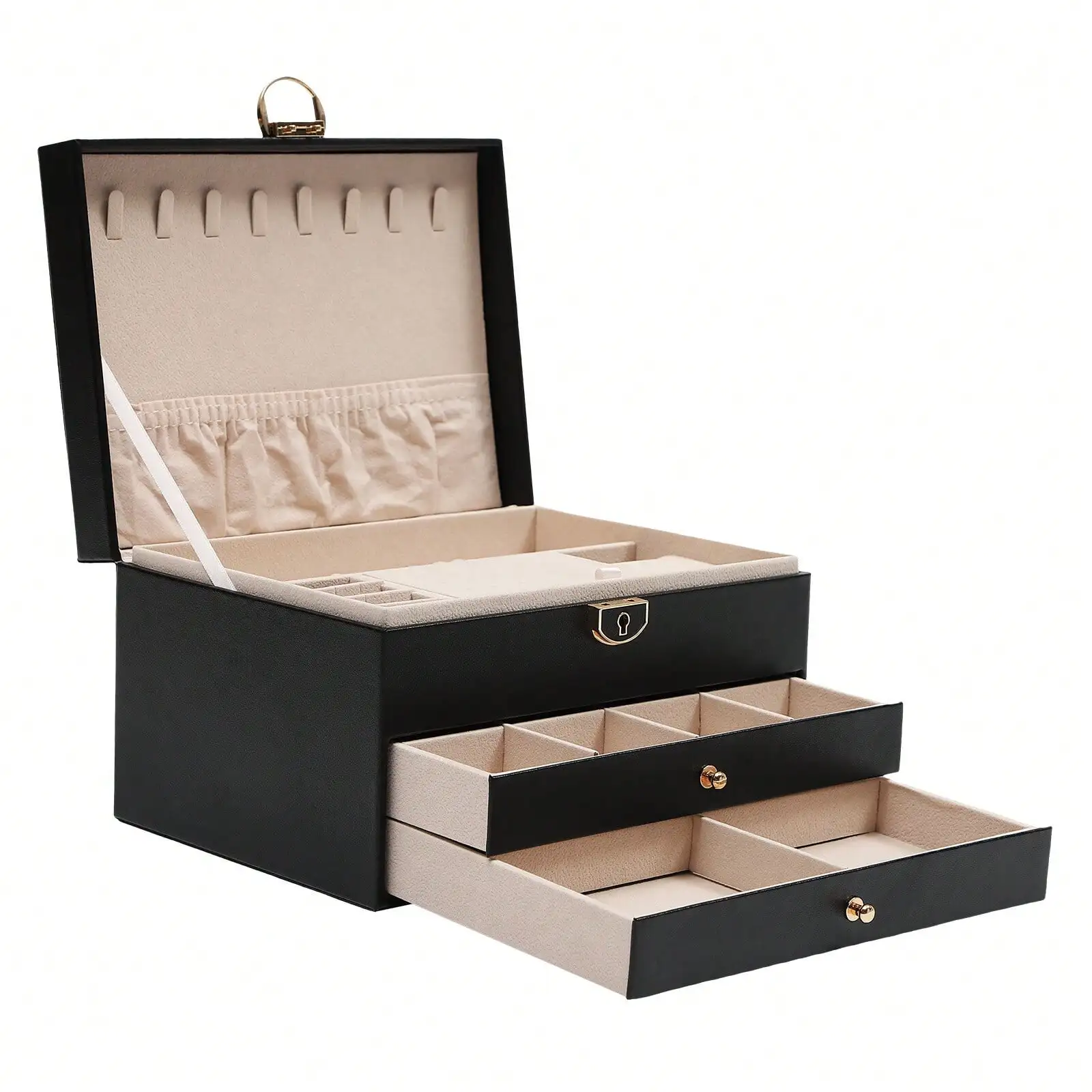 Large Capacity Multi‑Layer Drawer Jewelry Box PU Leather Lockable Jewelry Organizer Storage Case for Earrings Rings Necklaces Br