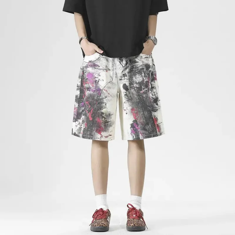 

Men's Denim Shorts with Graffiti Print, White Base, Loose Fit, Casual Style, Streetwear Style with Abstract Art Design