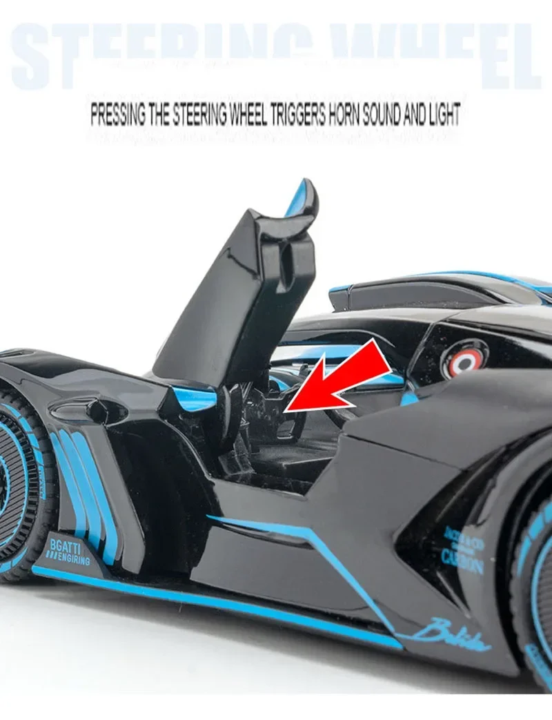 Modèle moulé sous pression Bugatti Bolide en alliage 1/24: voiture de sport rétractable avec son et lumière, véhicule de simulation pour enfants, collection et cadeaux
