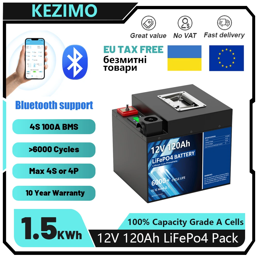 LiFePO4 Battery 12V 1280Wh 100Ah 200Ah 24V lithium Battery 6000+ Cycles Bluetooth 4S BMS For Storage Energy System EU UA NO TAX