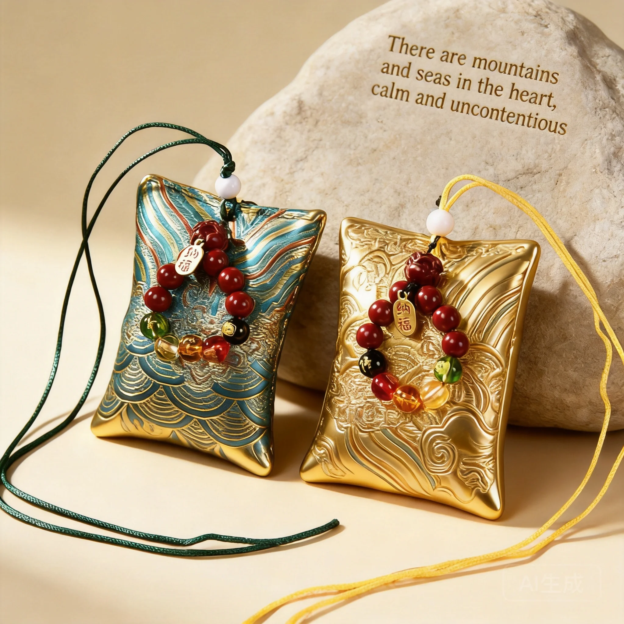 Chinese Traditional Lucky Embroidered Sachet Pendant Six True Words Cinnabar Bead Five Wealth Gods Car Hanger Bag Charm Amulet