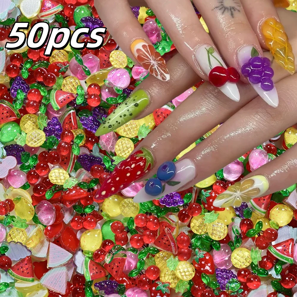 50Pcs Simulation Resin Mini Cherry Fruit Nail Art Charms Summer Kawaii Ornament Jewelry Nail Art Decor Flatback Manicure Parts *
