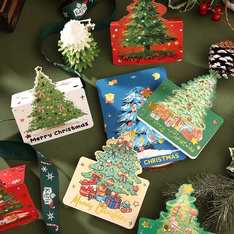 

10Pcs Foldable Christmas Cards Greeting Invitations Papercard Bronzing Gifts Letter Home Xmas Party Envelope Decoration Supply