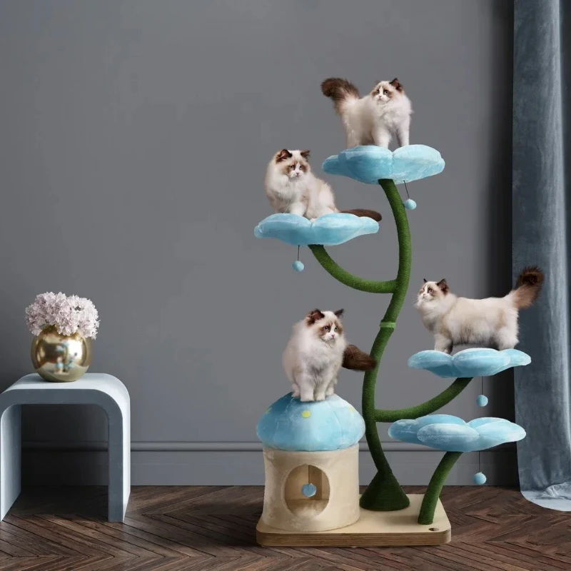 Modern Luxury Floral Cat Tower Wood Cat Tree & Scratcher with Flower Gift & Condo Premium Furniture