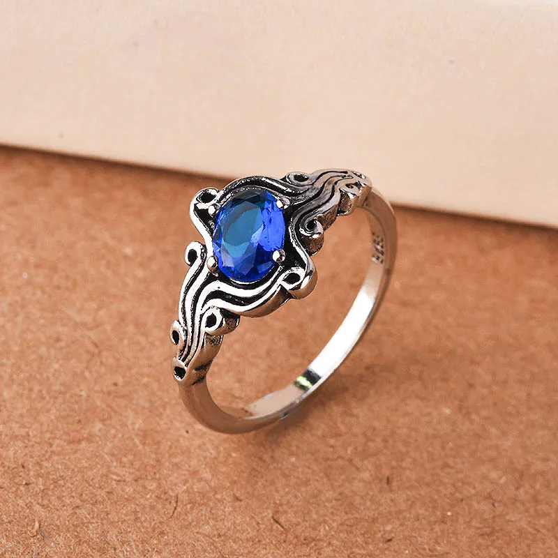 Hot Sale New Vintage Thai S925 Sterling Silver Blue Gemstone Engagement Ring Fashion Fine Jewelry For Women