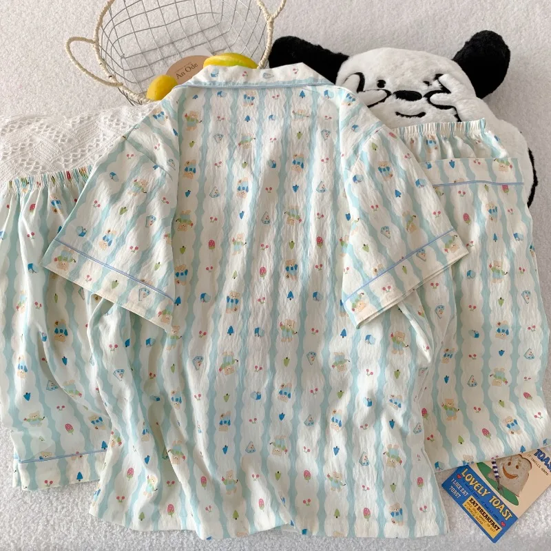 Summer Three-Piece Women's Pajama Set Bear Print Sleepwear Casual Sweet Cute Short Sleeve Pajamas with Shorts Spring and Fall 5